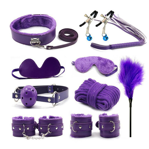 (Purple) Bondage Set for Couples - Blindfold, Cuffs, Whip