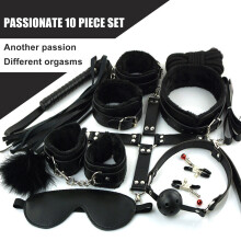 (Black) Bondage Set for Couples - Blindfold, Cuffs, Whip