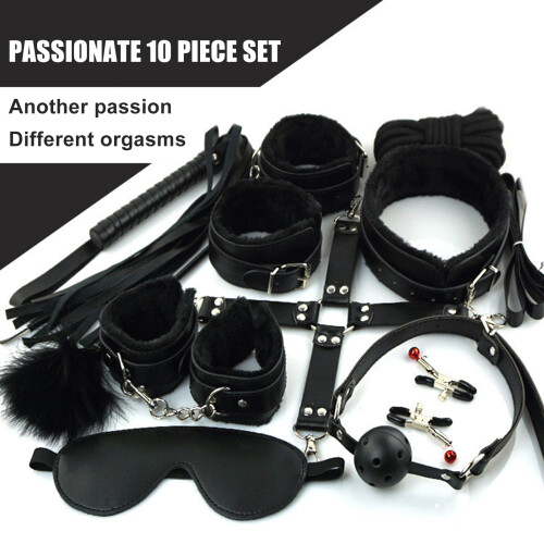 (Black) Bondage Set for Couples - Blindfold, Cuffs, Whip