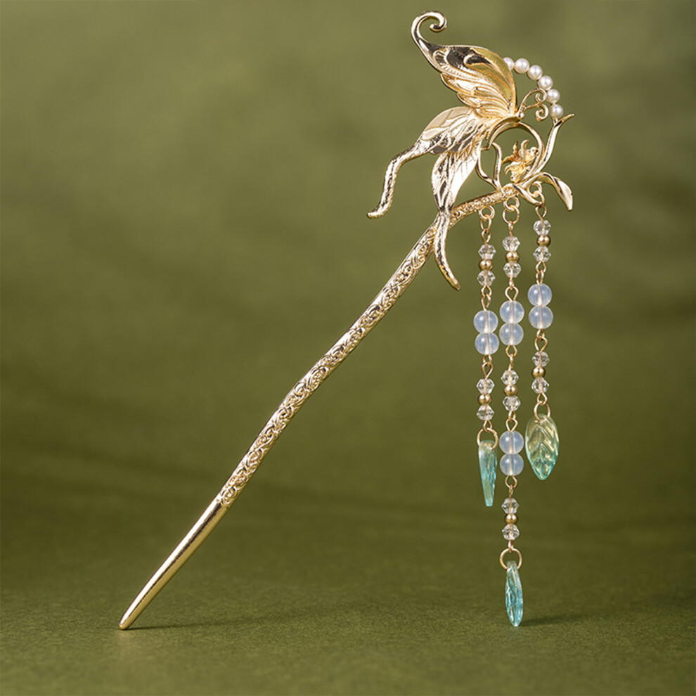 Reach-Tools (Gold, Green Leaf Tassel) Butterfly Glass Hairpin - Retro Style For Women & Girls