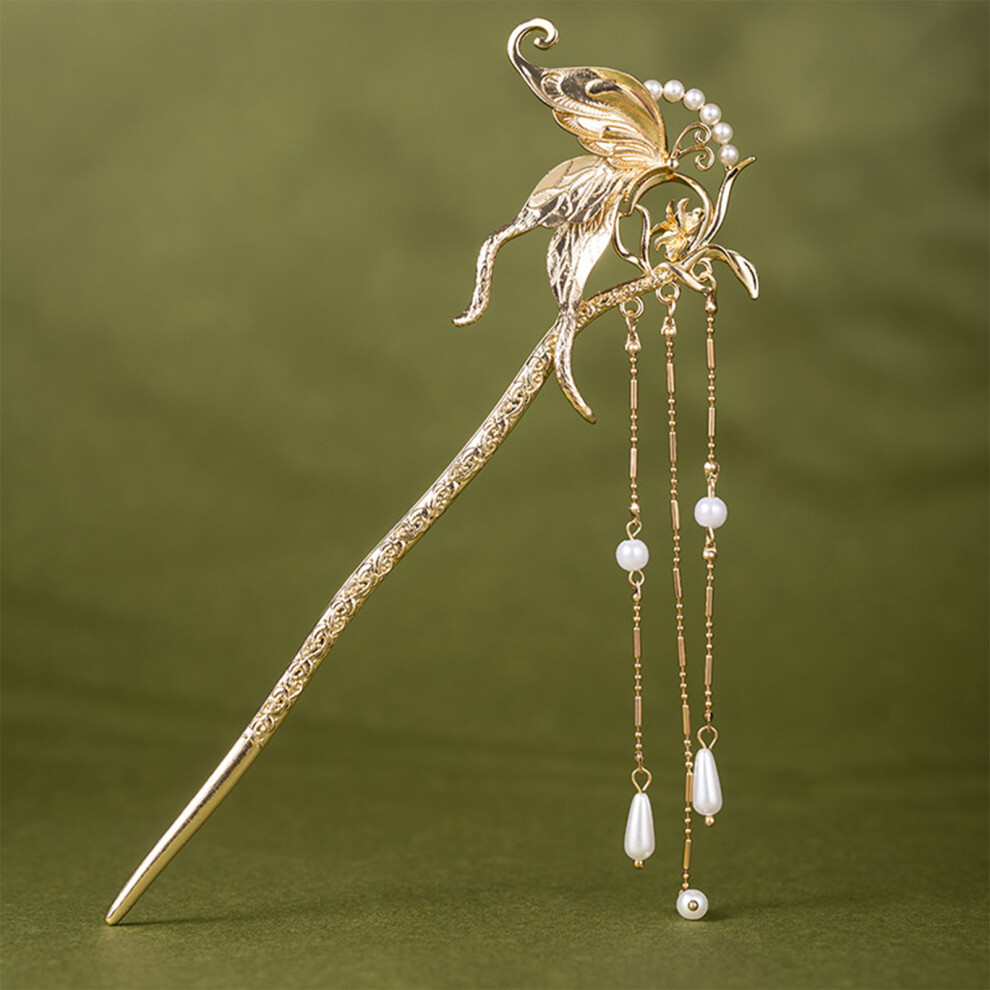 Reach-Tools (Gold, Long Tassel) Butterfly Glass Hairpin - Retro Style For Women & Girls