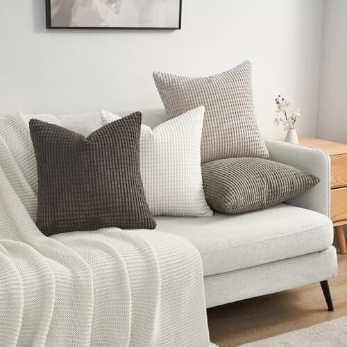 Conjunto de 4 capas de almofada de outono em veludo cotelê com listras boho cinza 1