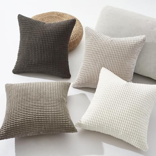 Conjunto de 4 capas de almofada de outono em veludo cotelê com listras boho cinza 2