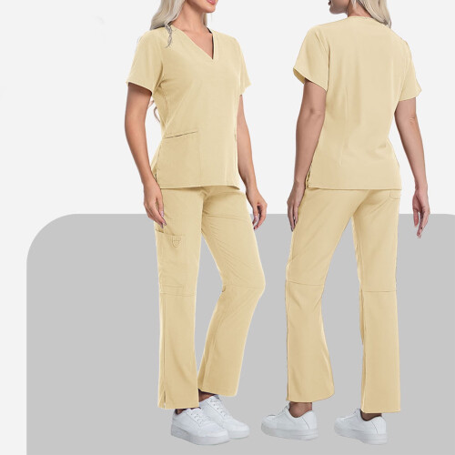 Nurse Scrubs Set Beige Solid Short Sleeve Top and 1