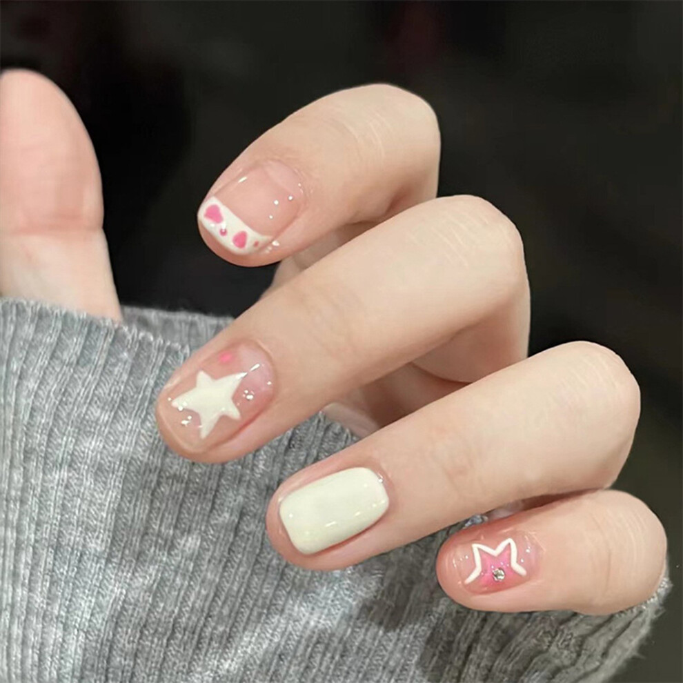 Hue-Grain Star Print Fake Nails - Pink & White