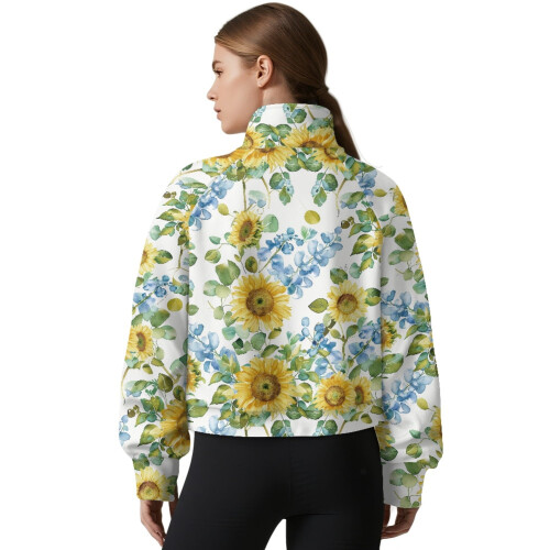 Women's Half-Zip Cropped Sweatshirt with Sunflower Leaf 1