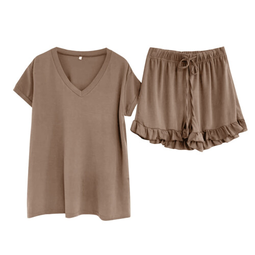 Women's Khaki Lounge Set Solid Color Short Sleeve 1