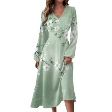 Lässiges, langes Damenkleid mit V-Ausschnitt, langen Ärmeln und Blumenmuster für Herbst und Winter, Mintgrün, Größe S