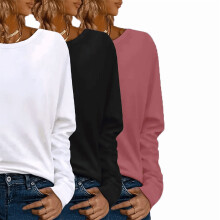 3er-Pack Damen-Langarm-T-Shirts in Übergröße mit Rundhalsausschnitt, lockere Passform, Basic-Freizeit-T-Shirts, Weiß, Schwarz, Fuchsia, 4XL