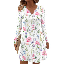 Dames midi-jurk met lange mouwen, V-hals en bloemenprint, zonder zakken, wit, maat M, herfst/winter