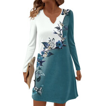 Damesjurk met lange mouwen, V-hals en bloemenprint, casual, zonder zakken, blauw, maat XL, herfst/winter
