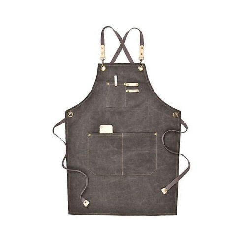 (Dark grey) Canvas Work Apron With Adjustable Strap Multi Pockets For Barista Barber Beauty Salon