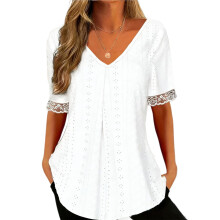 Women's Business Casual Shirt, V-neck Short-sleeved-White XL