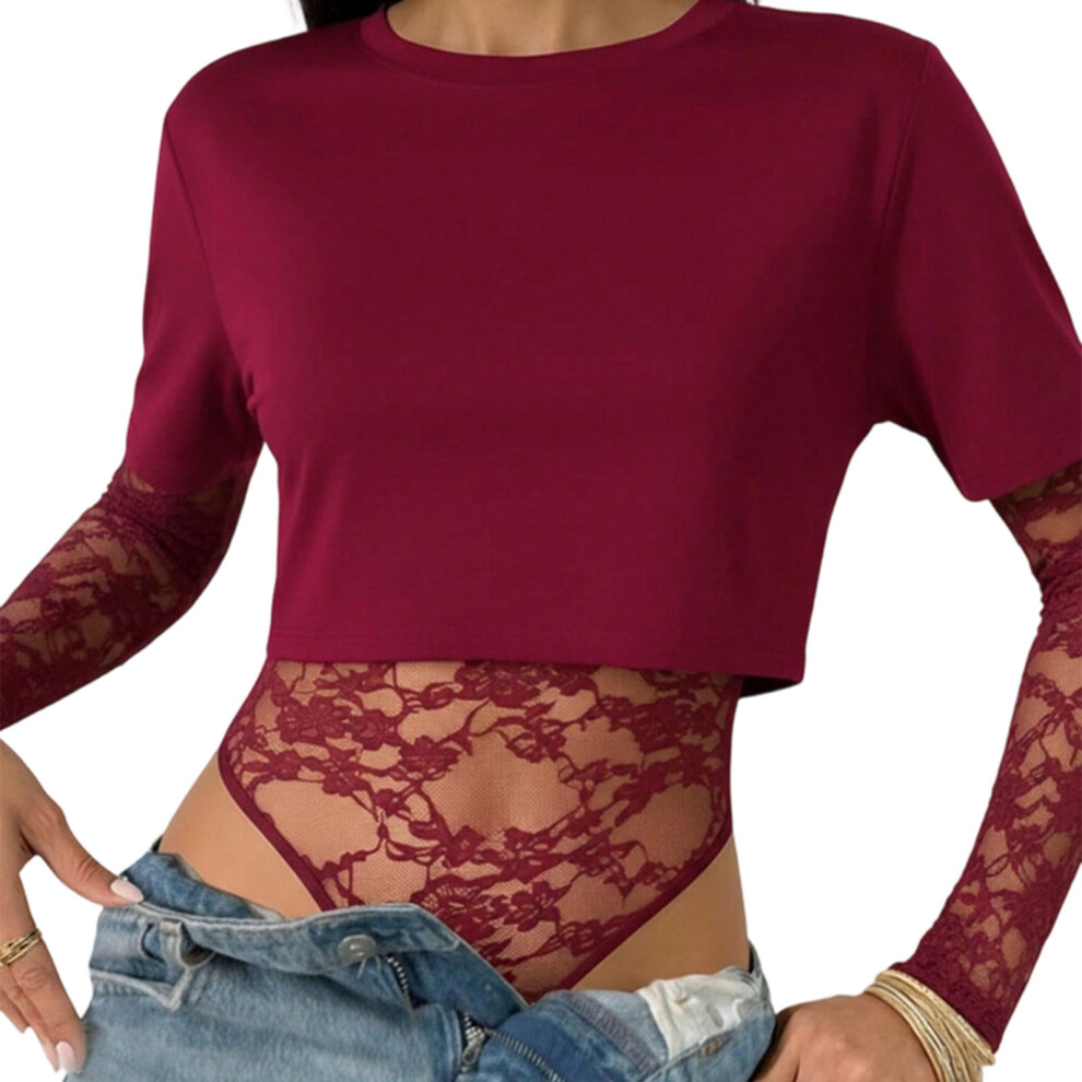 Modern Sheer Mesh Panel Body Hugging Crop Top Lace-Burgundy S
