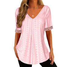 Women's Business Casual Shirt, V-neck Short-sleeved-Pink XXL