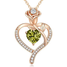 (【August】Light Green Diamond, White gold) KOUYI Women's New Eternal Heart S925 Sterling Silver Rose CZ Necklace, 12 Birthstone Pendant Choker