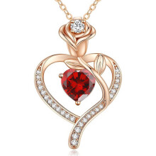 (【January】 Red Diamond, White gold) Classic Elegant Women's New Eternal Heart S925 Sterling Silver Rose CZ Necklace, 12 Birthstone Pendant Choker