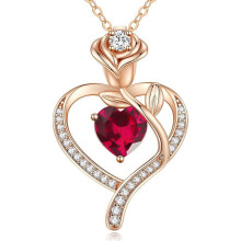(【July】Rose Diamond, Rose gold) Classic Elegant Women's New Eternal Heart S925 Sterling Silver Rose CZ Necklace, 12 Birthstone Pendant Choker