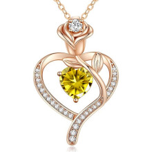 (【November】 Yellow Diamond, Rose gold) KOUYI Women's New Eternal Heart S925 Sterling Silver Rose CZ Necklace, 12 Birthstone Pendant Choker