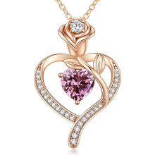 (【October】 Pink Diamond, White gold) Classic Elegant Women's New Eternal Heart S925 Sterling Silver Rose CZ Necklace, 12 Birthstone Pendant Choker