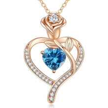 (【December】 Blue Diamond, Rose gold) Classic Elegant Women's New Eternal Heart S925 Sterling Silver Rose CZ Necklace, 12 Birthstone Pendant Choker