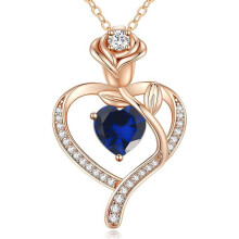 (【September】 Deep Blue Diamond, Rose gold) KOUYI Women's New Eternal Heart S925 Sterling Silver Rose CZ Necklace, 12 Birthstone Pendant Choker