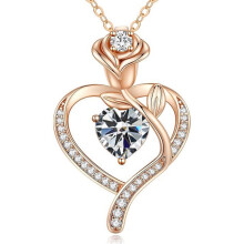 (【April】White Diamond, White gold) Classic Elegant Women's New Eternal Heart S925 Sterling Silver Rose CZ Necklace, 12 Birthstone Pendant Choker