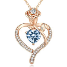 (【March】Light Blue Diamond, White gold) KOUYI Women's New Eternal Heart S925 Sterling Silver Rose CZ Necklace, 12 Birthstone Pendant Choker