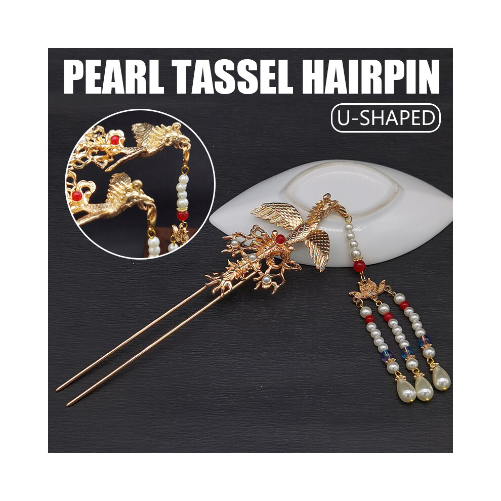 Dcph-Clothing Gold Pearl Tassel Hair Sticks - U-Shape Chignon Pins