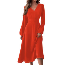 Damesjurk voor de herfst/winter, casual, met V-hals, lange mouwen, effen kleur, oranjegeel, maat M
