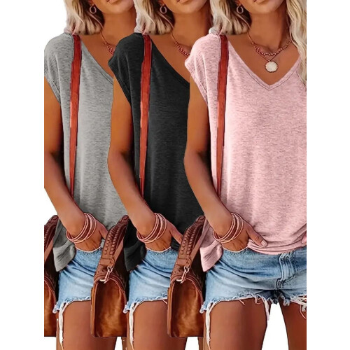 Confezione da 3 canotte da donna con maniche corte e scollo a V, magliette basic casual e comode per la primavera e l'estate.