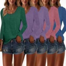 Lot de 5 t-shirts à manches longues et col rond pour femme, basiques unis pour l'automne et le printemps, vert, violet, bleu, rose, violet, taille M