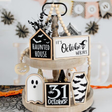 TETOU6 kpl Halloween-kerrostarjotinkoriste, lepakkoarkku, kummitustalo, aave-noita, 31. lokakuuta, kylttihelmiköynnös Halloween-keskikappaleeseen,