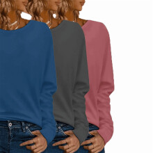 3er-Pack Damen-Langarm-T-Shirts in Übergröße mit Rundhalsausschnitt, lockere Passform, Basic-Freizeit-T-Shirts, Blau, Grau, Fuchsia, 5XL