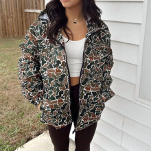 Damesjas met lange mouwen en capuchon in camouflageprint, met ritszakken, streetwear voor de lente en herfst, camouflageprint, maat XL