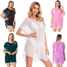 Chiffon-Strandkleid mit V-Ausschnitt und Fransen – Strand-, Pool-, Kreuzfahrt- und Resortbekleidung – Kompatibel mit den meisten Badeanzügen