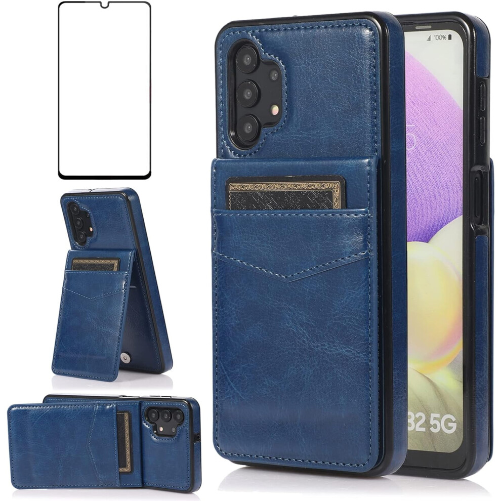 Samsung Galaxy A32 5G (6.5") Phone Case With Hd Screen Protector, Credit Card Holder & Stand Â Leather Wallet Cover Blue 9028731243085