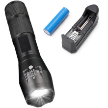 Taktische Taschenlampe mit Akku und Ladegerät – Superhell, Zoomfunktion, 5 Modi, wasserfest, geeignet für Camping und Notfälle