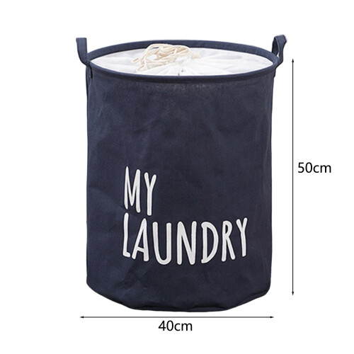 Laundry Basket Waterproof Foldable Drawstring Bag Navy Blue 1