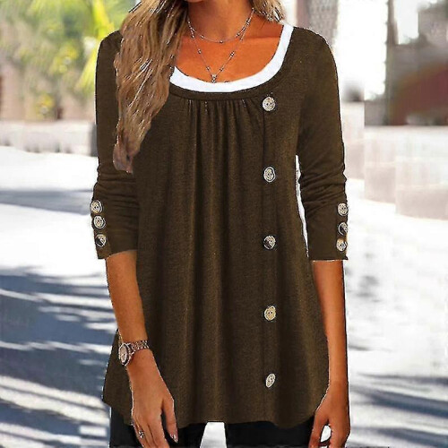 (Coffee,S)Ladies Solid Color T-shirt Basic Work Tops Crew Neck Tunic Blouse