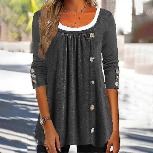 (Grey,S)Ladies Solid Color T-shirt Basic Work Tops Crew Neck Tunic Blouse