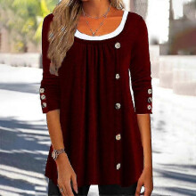 (Red,S)Ladies Solid Color T-shirt Basic Work Tops Crew Neck Tunic Blouse