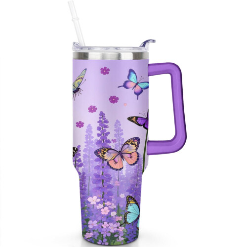 Μωβ Λεβάντα Πεταλούδα Ποτήρι 40oz με Λαβή, Καπάκι & Καλαμάκι – Ανοξείδωτο Ατσάλι με 1