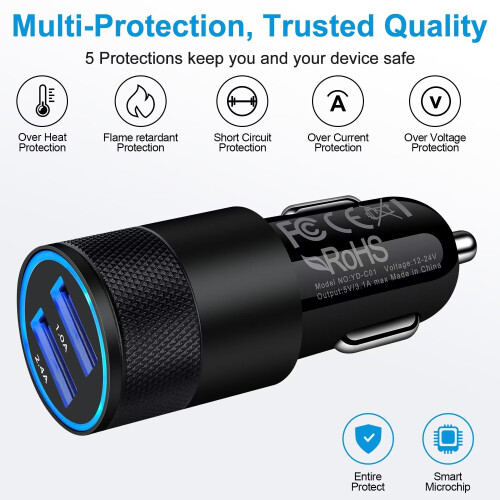 Adaptor încărcător auto USB-C, pachet de 3, cu 2 cabluri de 3 m, încărcare rapidă, compatibil cu Android 1