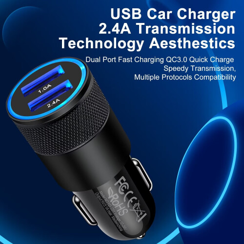 Adaptor încărcător auto USB-C, pachet de 3, cu 2 cabluri de 3 m, încărcare rapidă, compatibil cu Android 2