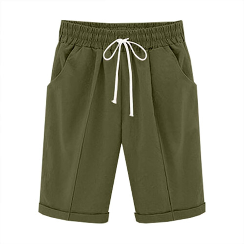 Damebermudashorts i bomull og lin, ensfarget, rett 2
