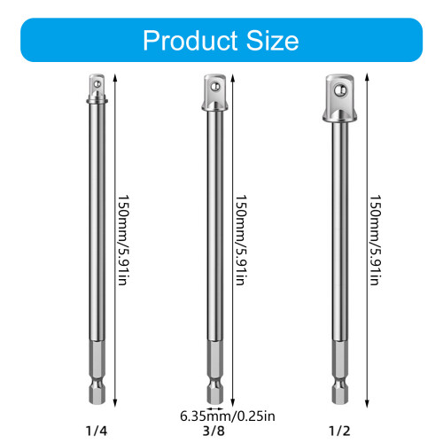 3Pieces Hexagonal Shank Square Drive Socket Adapter Extension 2