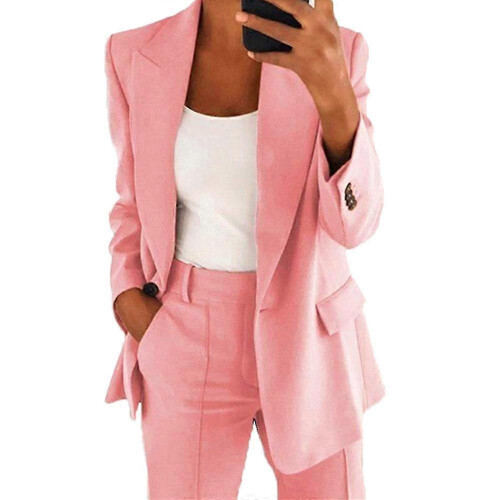 (M,Pink)Women Blazer Plain Long Sleeve Office Lapel Blazer Suit Casual Coat Jacket Outerwear Multiple Sizes Available