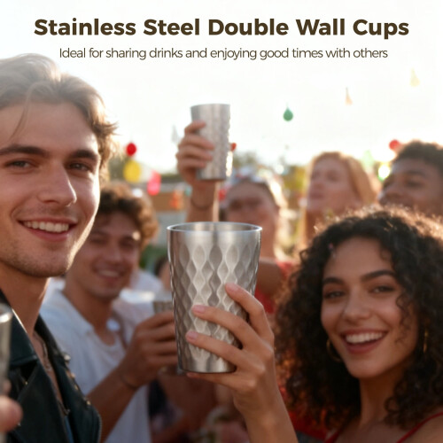 Stainless Steel Double Wall Cups Korean Hammered 4 Pcs 1