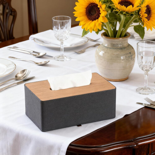 Rectangular PU Leather Tissue Box Napkin Holder for Home, Heightened Napkin Box with Leather Craftsmanship Oversized (Black) 2